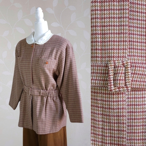 Vintage Houndstooth Plaid Belted Button Front Woolen Jacket Burnt Rust Tan Cream - Picture 1 of 16